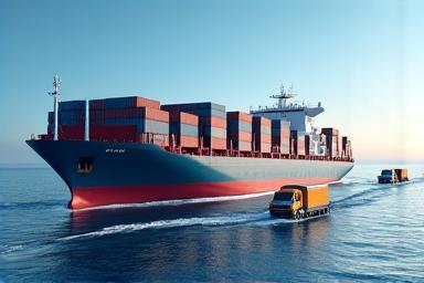 Cargo ship and freight trucks representing a global supply chain